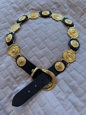 Milo’s Vintage Black Leather Belt with Gold Medallion Accents